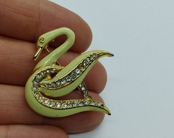 Broche Vintage Cygne Signée P&M Paris - Style Art Déco Avec Cristal Et Ambre - 4,7 Cm - Neuf Sans Emballage