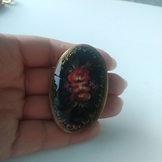 Broche Ancienne Rectangulaire Peinte Main - Noir à Fleurs - Années 1910-1930 - Occasion