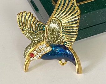 Vintage humming bird brooch gold tone with black enamel