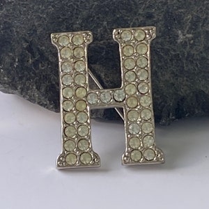 Vintage brooch pin letter H initial silver tone with rhinestones