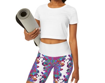 Mandala Floral Yoga Shorts With High Waist and Purple and Blue