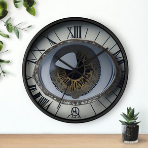 Steampunk Eyes Wall Clock analog design 3/4 for retro tech lovers to design their home steam punk timepiece for the office or bar mancave