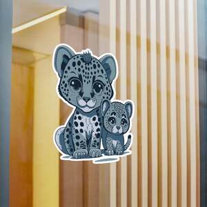 Calcomanía de vinilo de leopardo de las nieves de madre y bebé para animar la sala de juegos con animales de dibujos animados de vinilo con acabado satinado extraíble y calcomanía restick