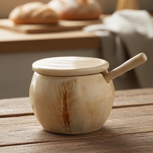 Handmade Ceramic Spice Jar: Wheat Pattern Kitchen Storage with Spoon