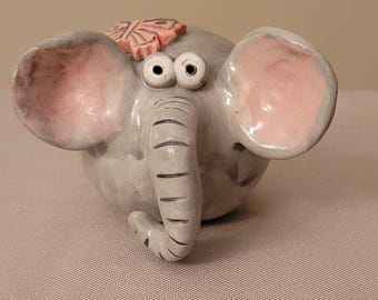 Whimsical Ceramic Elephant Figurine | Pink Grey Nursery Decor | Handcrafted Animal Sculpture