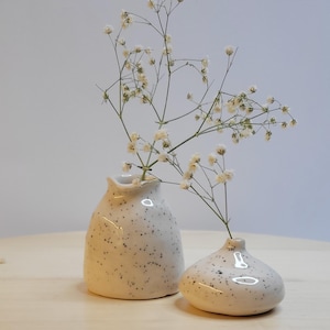 May include: Two small white ceramic vases with a speckled pattern. The vase on the left is taller and has a wider opening. The vase on the right is shorter and rounder. Both vases are filled with white flowers.