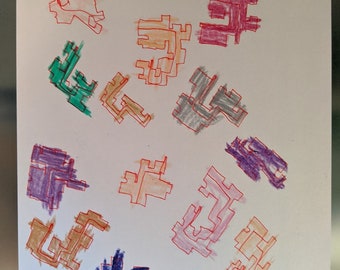 May include: A white sheet of paper with 13 abstract shapes drawn in different colours, including red, orange, yellow, green, blue, purple, and grey. The shapes are outlined in red.