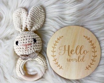 Welcome to the World  Gift Bunny Crochet Rattle Wooden Rattle Handmade Baby Toy Gift Set for Baby Fall Theme Baby Gift Infant Rattle