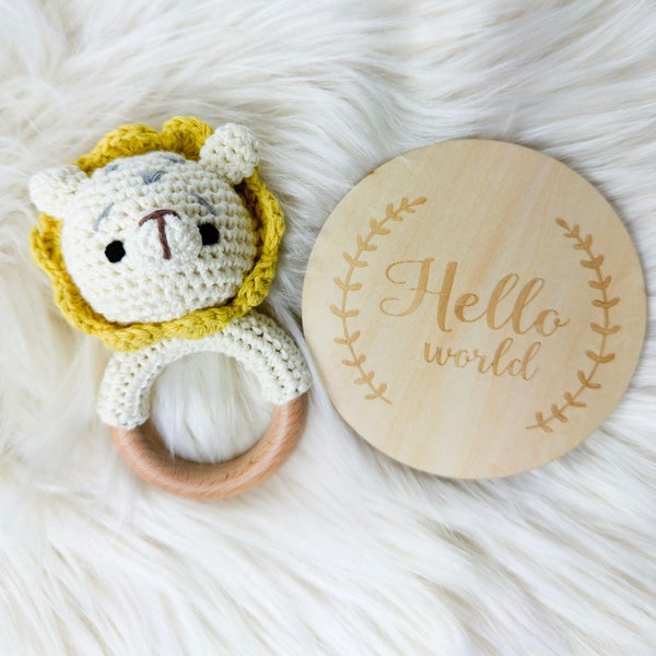 Lion Wooden Rattle Crochet Toy Newborn Gift Set New Mom and Baby Gift Safari Animal Baby Gift Set Baby Shower Gift Gender Reveal Hello World