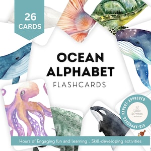 Tarjetas didácticas del ALFABETO de animales del océano, tarjetas de animales marinos, tabla de animales del océano, criaturas marinas preescolares, animales del océano para educación en casa