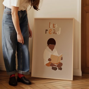 Lesewandkunst Kinderzimmer Lesejunge Lesebuch Wanddekoration Liebe zum Lesen Montessori Dekor Boho Kinderzimmer Poster Bibliotheksposter