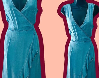 Vintage Sleeveless Faux Wrap Lyocell Denim Tie Waist Peplum Hem Midi Dress | Y2K Fashion | Unique Dress | Women's Fashion