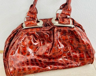 Borsa a tracolla vintage in ecopelle marrone coccodrillo alligatore con fibbie argento