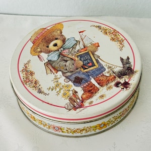 Vintage Cookie Tin with Cute Bear Illustration | &quot;Kiss Me&quot; Bear, Sailboat, and Black Dog Design | Collectible Storage Tin