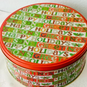 Vintage &quot;Happy Holidays, Seasons Greetings&quot; Red & Green Cookie Tin | Festive Holiday Storage Tin