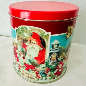 Vintage Tall Christmas Cookie Tin | Old-Timey Santa Illustration | Holiday Storage Tin