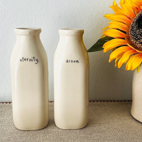 Vintage Hand Painted Ceramic Earthenware Milk Bottle Vases SET OF 2 by Artist Beth Mueller Cottagecore Farm House Decor