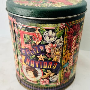 Tall Vintage Christmas Cookie Tin | Holiday Illustration Design | Festive Storage Tin