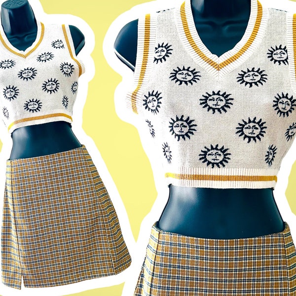 Retro Print Casual Split Top Two-Piece Set