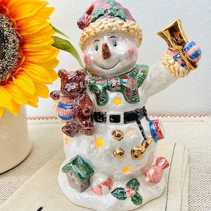 Vintage Porcelain Snowman Holiday Candle Holder Colorful Detailed Christmas Decor