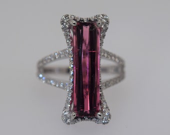 Pink Tourmaline Ring | Statement Ring | Art Deco Ring | Genuine White Gold Ring | Rectangle Gemstone Ring | Genuine Gemstone Ring