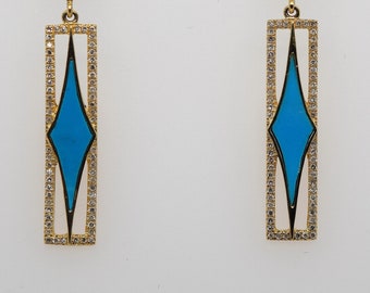 Turquoise Earrings | Diamond Earrings | Rectangle Earrings | Yellow Gold Earrings | Statement Earrings | Art Deco Earrings | Long Earrings