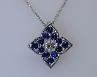 Sapphire Pendant | White Gold Pendant | Diamond Flower Pendant | Four Leaf Clover Pendant | Dainty Pendant | Minimalist Sapphire Pendant