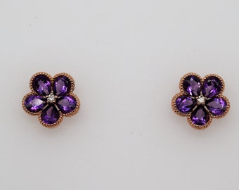 14k Rose Gold Studs | Amethyst Earrings | Flower Stud Earrings | Purple Flower Earrings | Genuine Amethyst Studs | Diamond Earrings