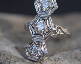 DiamondRing | Art Décor| StatementRing |Vintage Ring | 1920s Jewelry| Antique | Engagement |Stacked Diamond| Classic Round