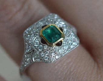 Colombian Emerald Ring | White and Yellow Gold Ring | Diamond Ring | Square Ring | Statement Ring | Art Deco Ring | Genuine Emerald Ring