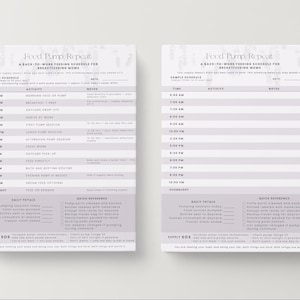 May include: Two spiral-bound notebooks with a schedule for breastfeeding moms. The text "Feed Pump Repeat" is at the top. The left notebook has a sample schedule with times and activities. The right notebook is a blank schedule.