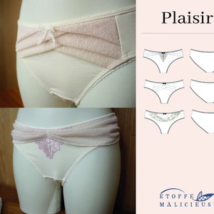 May include: A set of lingerie patterns with different lace and trim details. The patterns are labeled "Plaisir" and "Etoffes Malicieuse".