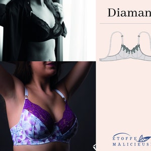 May include: A purple and white floral bra with lace trim. The bra is shown on a model. The image also includes a line drawing of a bra with the word "Diamant" above it.