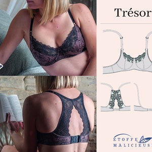 May include: A black and brown lace bra with a low back design. The bra has a floral pattern and is shown on a model. The image also includes a technical drawing of the bra.