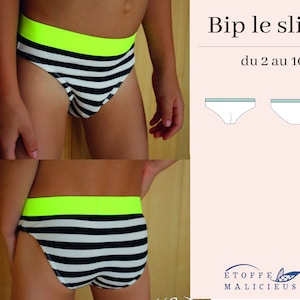 May include: Black and white striped underwear with a neon green waistband. The underwear is for children ages 2 to 10. The text "Bip le slip du 2 au 10 ans" is visible in the image.