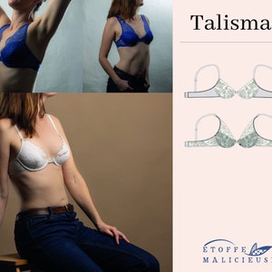 Könnte beinhalten: Ein weißer Spitzen-BH mit verstellbaren Trägern und einem Haken- und Ösenverschluss. Der BH wird an einem Model gezeigt, das eine blaue Jeans trägt. Das Bild zeigt auch eine Strichzeichnung des BHs in hellblau mit dem Text "Talisman" und dem Markennamen "Etoffes Malicieuse".