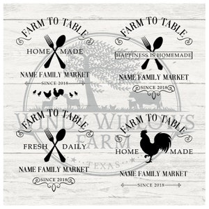 Puede incluir: Diseño gráfico en blanco y negro con el texto "Farm to Table" y "Name Family Market" con un gallo y un tenedor y una cuchara. El texto "Since 2018" también está incluido.