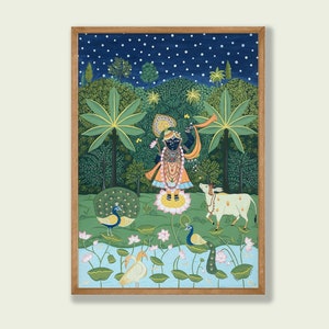 Pichwai Shrinathji, Peacock, Cow, Handpainted Original Artwork, Instant Download, Traditional Indian Art, Printable Wall Art, Pichwai Print