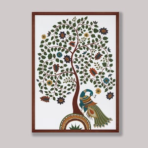 Kalamkari Tree of Life with Peacock, Handpainted Original Artwork, Instant Download, Traditional Indian Folk Art, Printable Wall Art
