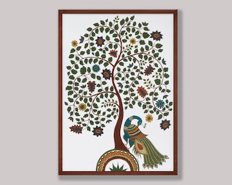Kalamkari Tree of Life with Peacock, Handpainted Original Artwork, Instant Download, Traditional Indian Folk Art, Printable Wall Art