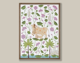 Pichwai Cow & Calf in Lotus pond, Handpainted Original Artwork, Instant Download, Traditional Indian Art, Printable Wall Art, Pichwai Print