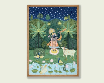 Pichwai Shrinathji, Peacock, Cow, Handpainted Original Artwork, Instant Download, Traditional Indian Art, Printable Wall Art, Pichwai Print