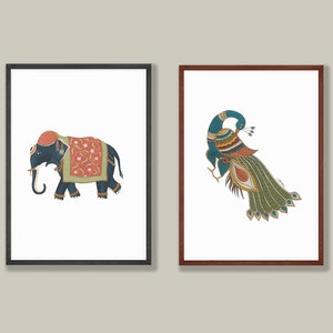 Indian Folk Art, Set of 2 Traditional Indian Paintings, Kalamkari Peacock, Rajput Elephant, Living Room Decor, Printable Art, Poster Bundle