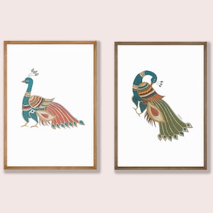 Indian Folk Art, Set of 2 Traditional Indian Paintings, Royal Indian Kalamkari Peacocks, Living Room Decor, Printable Art, Poster Bundle