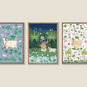 Indian Pichwai Art, Set of 3 Folk Indian Paintings, Pichwai Cow Painting, Shrinathji Pichwai Painting, Living Room Decor, Wall Art Bundle