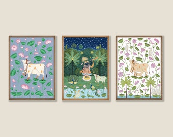 Indian Pichwai Art, Set of 3 Folk Indian Paintings, Pichwai Cow Painting, Shrinathji Pichwai Painting, Living Room Decor, Wall Art Bundle