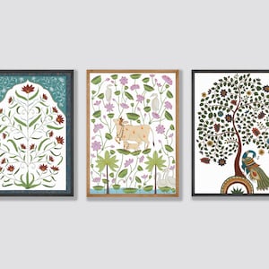 Indian Mughal Art, Set of 3 Traditional Indian Paintings, Tree of Life Kalamkari, Pichwai Cow Painting, Living Room Decor, Printable Art