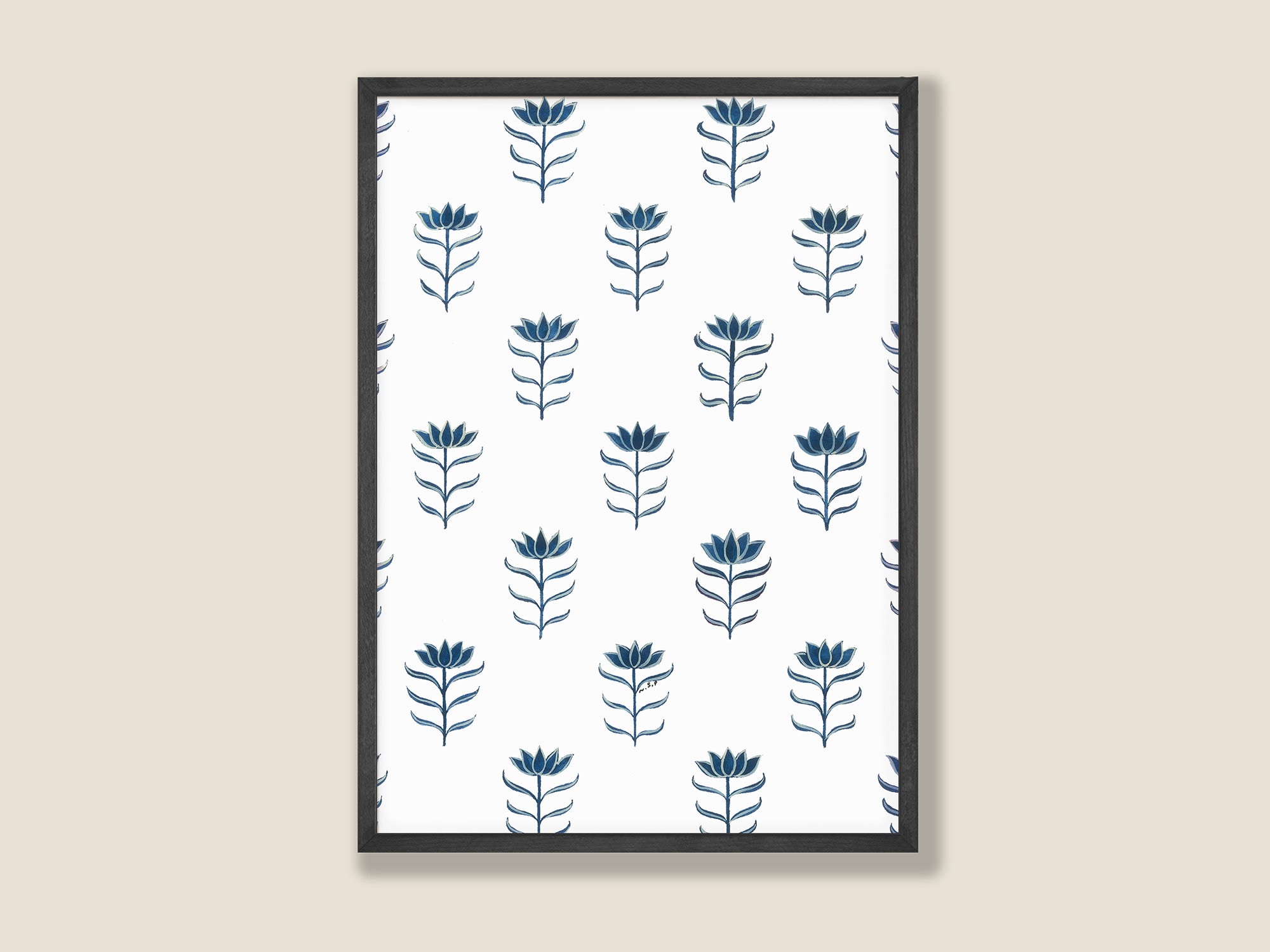 Indigo Blockprint Art, Handpainted Original Artwork, Instant Download, Traditional Indian Folk Art, Printable Wall Art, Mughal Floral Art