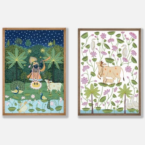 Indian Pichwai Art, Set of 2 Folk Indian Paintings, Pichwai Cow Painting, Shrinathji Pichwai Painting, Living Room Decor, Printable Art