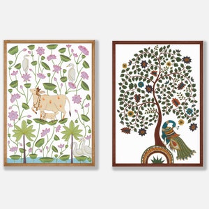 Indian Folk Art, Set of 2 Traditional Indian Paintings, Tree of Life Kalamkari, Pichwai Cow Painting, Living Room Decor, Printable Wall Art